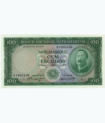 MOZAMBIQUE 100 ESCUDOS OVERSEAS PROVINCE OF PORTUGAL YEAR 1961 NOTE IN TOP GRADE