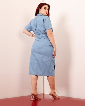 Blue Denim Front Knot Tie Dress-L / Blue