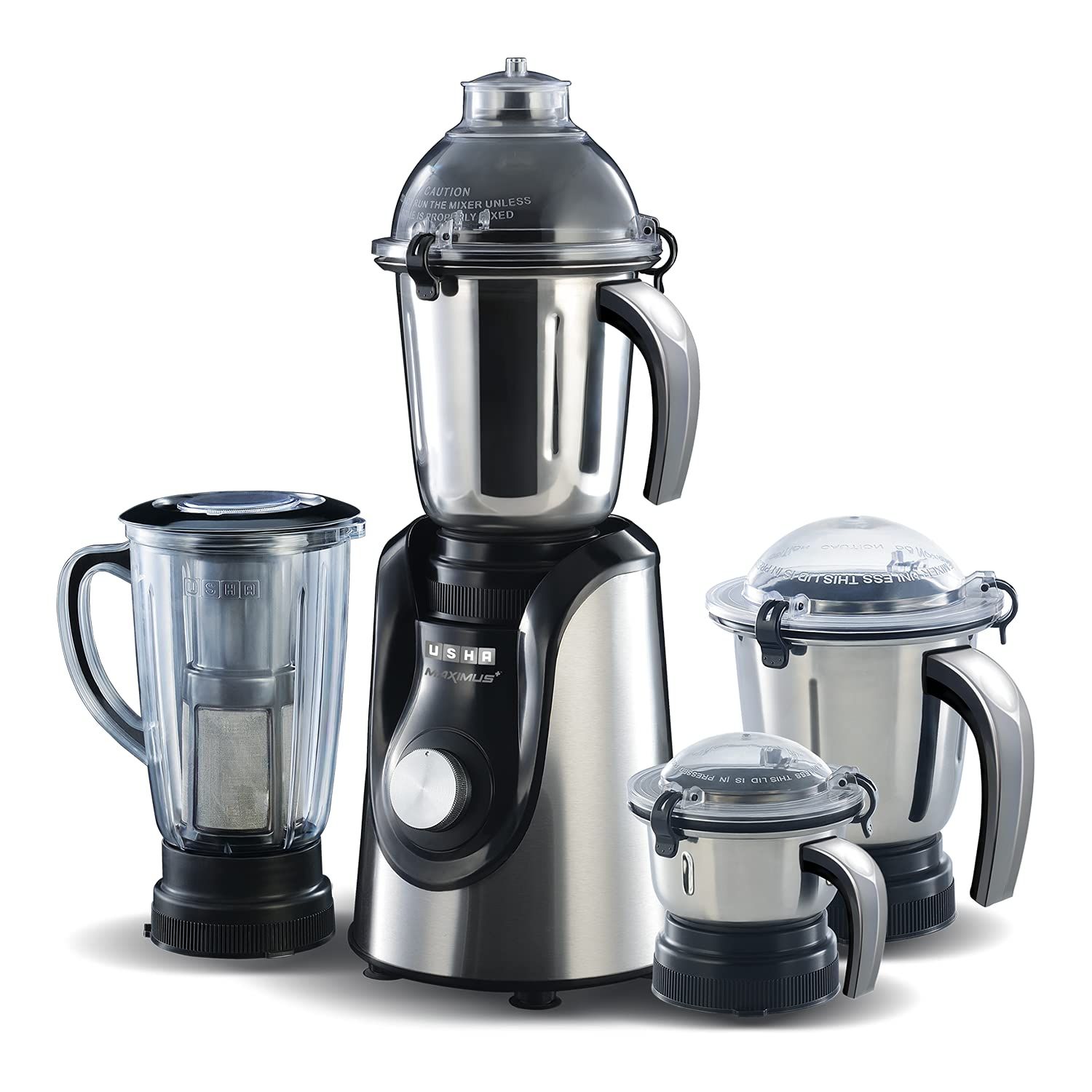 Usha Maximus Plus 800-Watt Copper Motor Mixer Grinder with 4 Jars and 5 Years Motor Warranty(Black & Stainless steel) Usha Maximus Plus 800-Watt Copper Motor Mixer Grinder with 4 Jars and 5 Years Motor Warranty(Black & Stainless steel) - Black / Net Dime