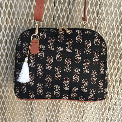 Fioni - Ajrakh Print - D Shape Sling Bag-Black