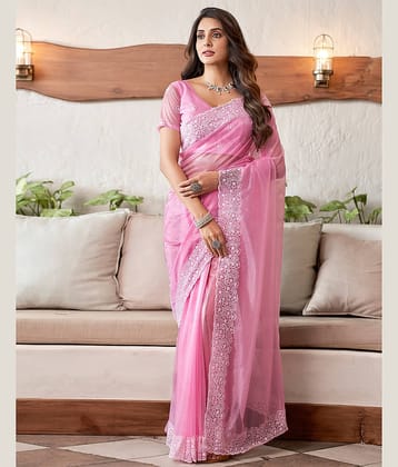 Satrani Organza Embroidered Saree With Unstitched Blouse Piece ( Lavender )