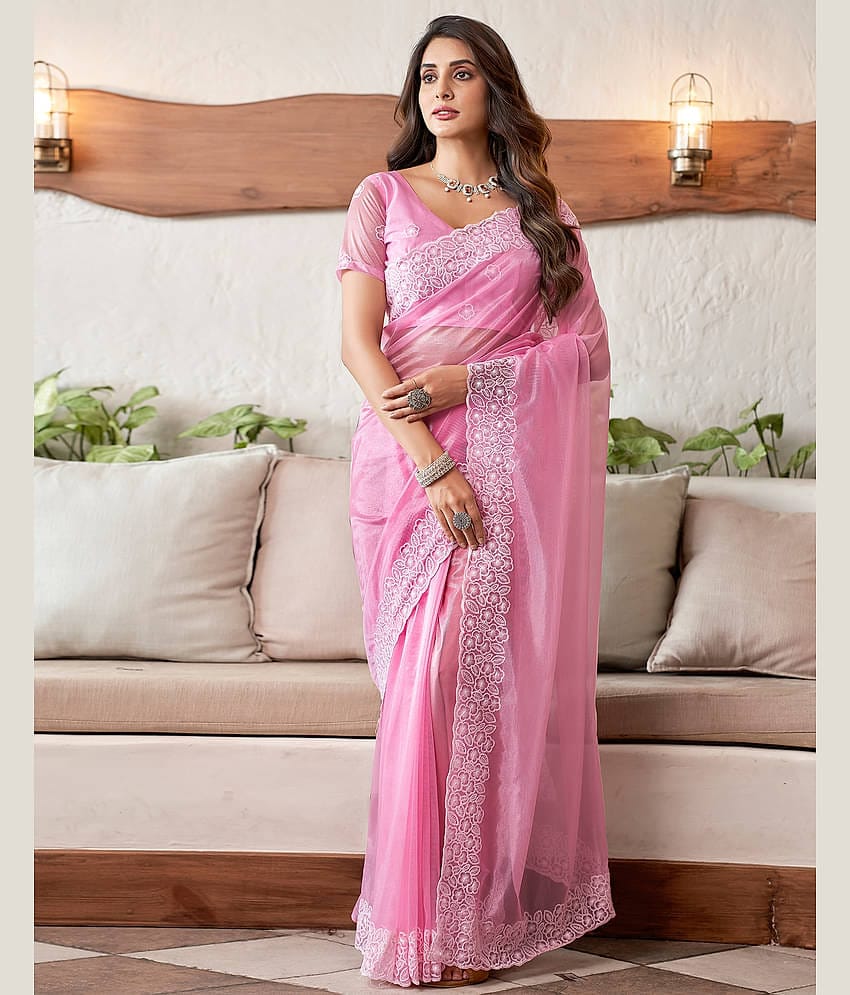 Satrani Organza Embroidered Saree With Unstitched Blouse Piece ( Lavender )