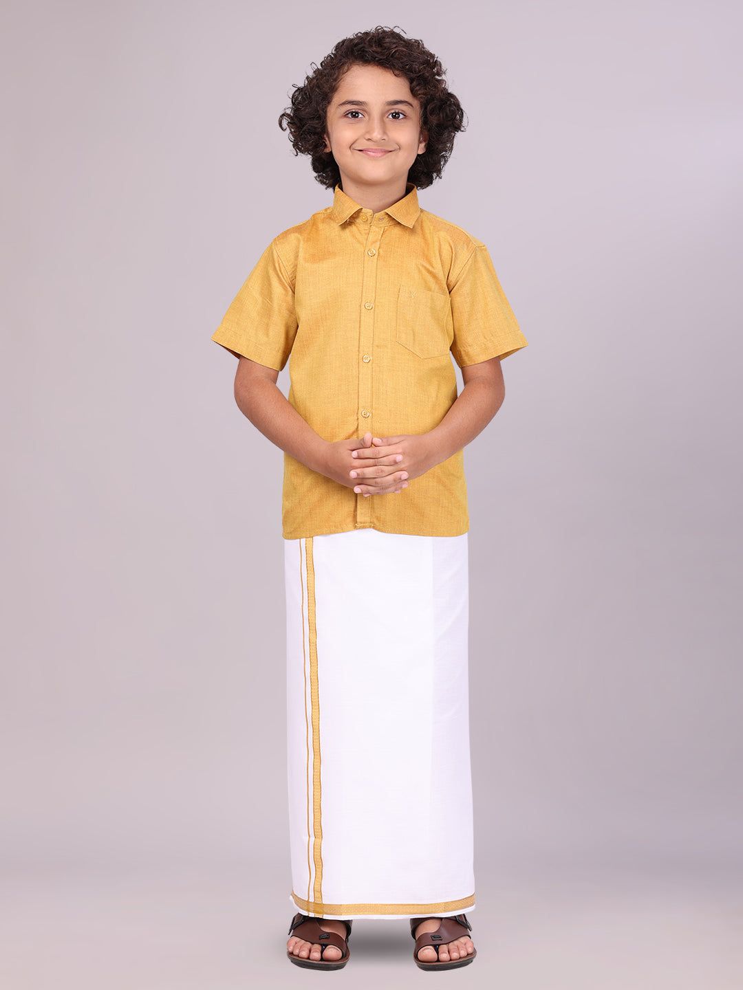 Boys Gold Matching Half Sleeves Shirt with Fancy Flexi Dhoti Combo Brave Boy-Kids 01 - 02 Yrs / H/S / Gold