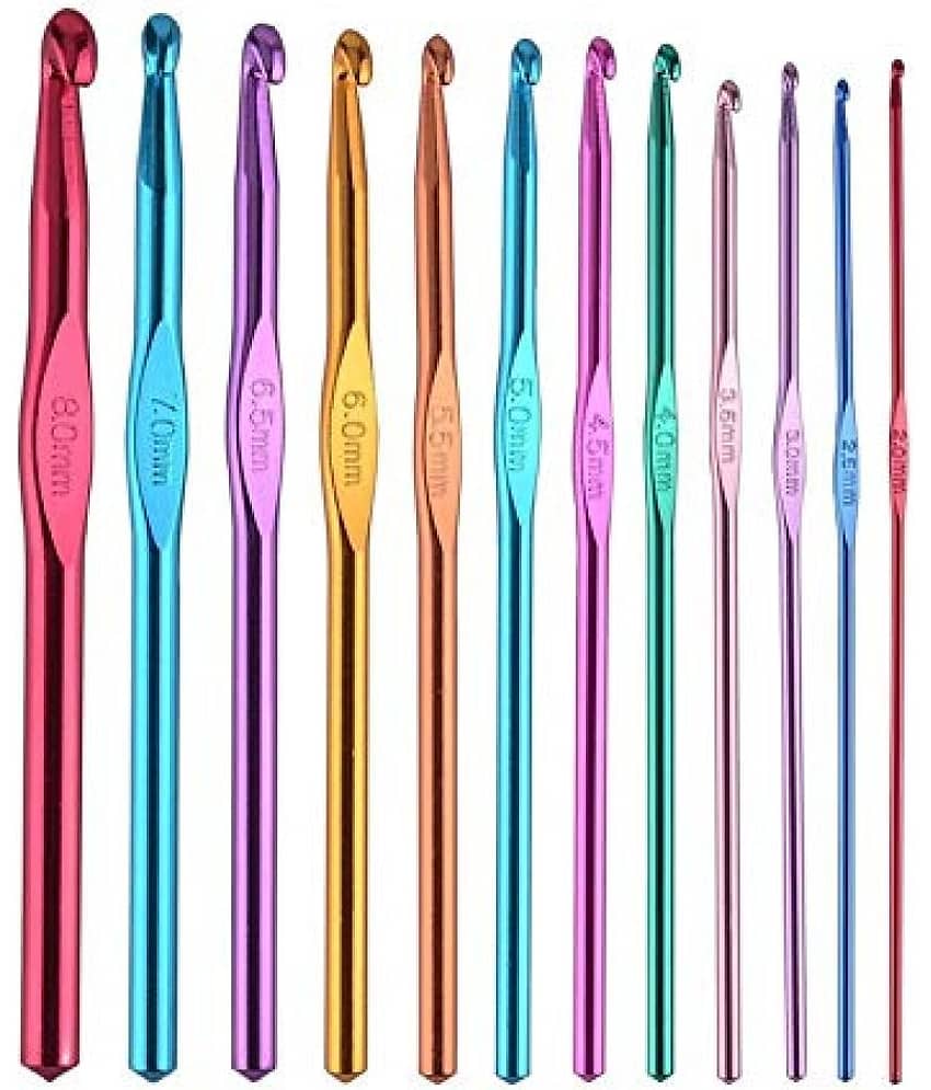 PRANSUNITA Hard-Anodized Multicolor Aluminum Crochet Hooks for Crocheting, Knitting Needles, Yarn Craft Needle, Size 2.0-8.0mm, Pack of 12