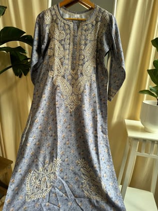 Cotton Printed Chikankari Kurti - Grey Blue-Grey / cotton / M