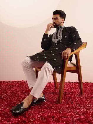 Men's Cotton Silk Neck Embroidered Black Kurta with White Pyjama-36