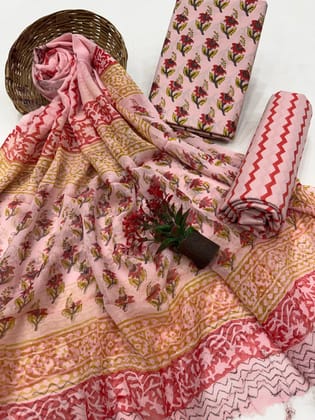 Pure Cotton Unstitched Suit With Chiffon Dupatta-As shown in picture / 2.5 mtr each / Pure cotton with chiffon dupatta