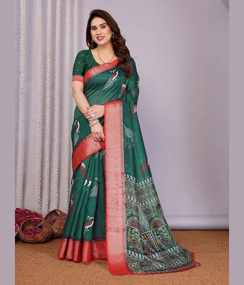 HEMA SILK MILLS Cotton Blend Printed Regular Saree With Unstitched Blouse Piece ( Green )