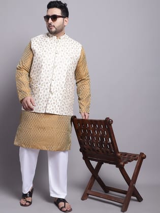Men's Silk Blend Mastard Kurta & Cream Emb Nehrujacket With White Pyjama-44