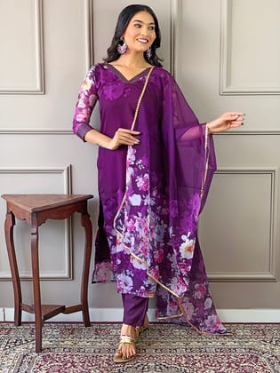WINE TEBY SILK EMBROIDERY WORK KURTI PANT WITH FANCY DUPATTA-S