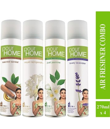 POUR HOME Sacred Sandal, Rajnigandha,Jasmine,Lavender Room Freshener Spray, 220ml Each (Pack of 4)