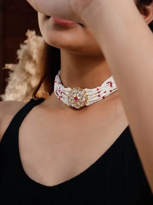Riza Red Kundan Pearl Choker Necklace-Red