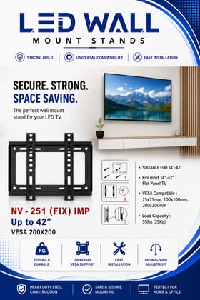 NOVEL, NV-251 (FIX) IMP, LED/LCD TV Wall Mount Stand, TV size compatibility up to 42 inches, and VESA 200×200 support