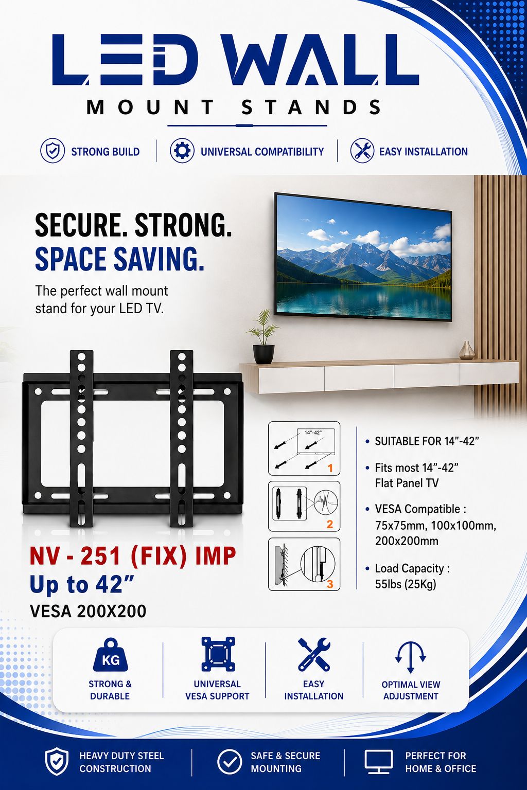 NOVEL, NV-251 (FIX) IMP, LED/LCD TV Wall Mount Stand, TV size compatibility up to 42 inches, and VESA 200×200 support