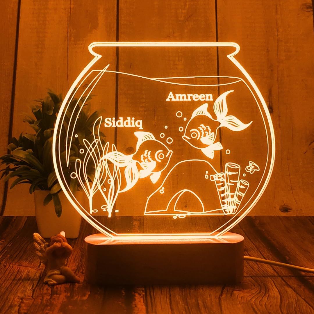 Personalized 3D Illusion LED Table Lamp | Customized Name Lamp for Couple Gift Anniversary, Wedding, Marriage, Valentine Day- Wooden Base, Warm Light. (Fish Bowl)-Warm White