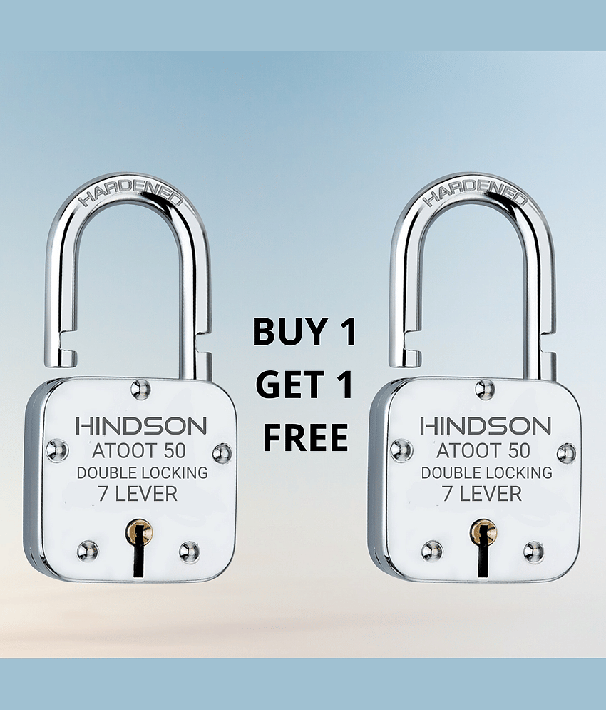 HINDSON Small Lock Atoot 50mm with 3 Key, Link Atoot 50 Steel Double Locking, 7 Lever Padlock for Door, Gate, Shutter ( Finish Silver ) (Atoot 50mm Pack 2)