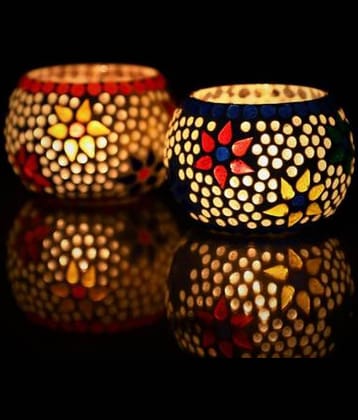 eCraftIndia Set of 2 Blue & Red Mosiac Glass Decorative Tea Light Holder