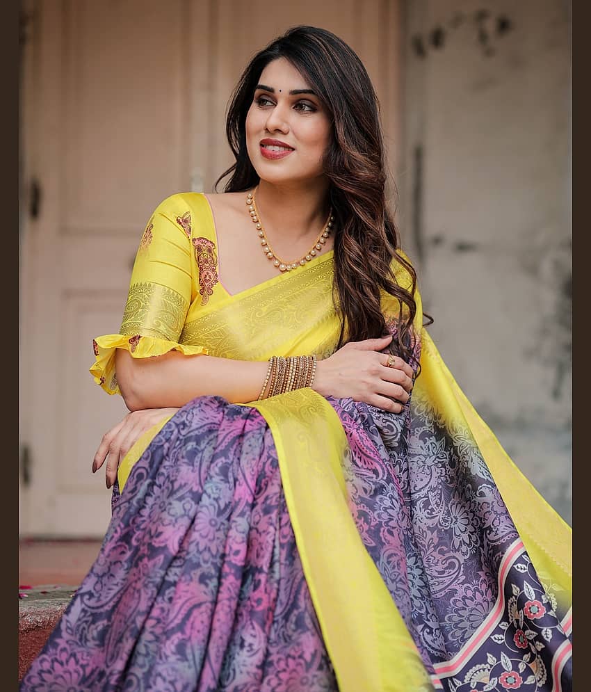 Almaari Fashion Cotton Silk Printed Saree With Unstitched Blouse Piece ( Blue )