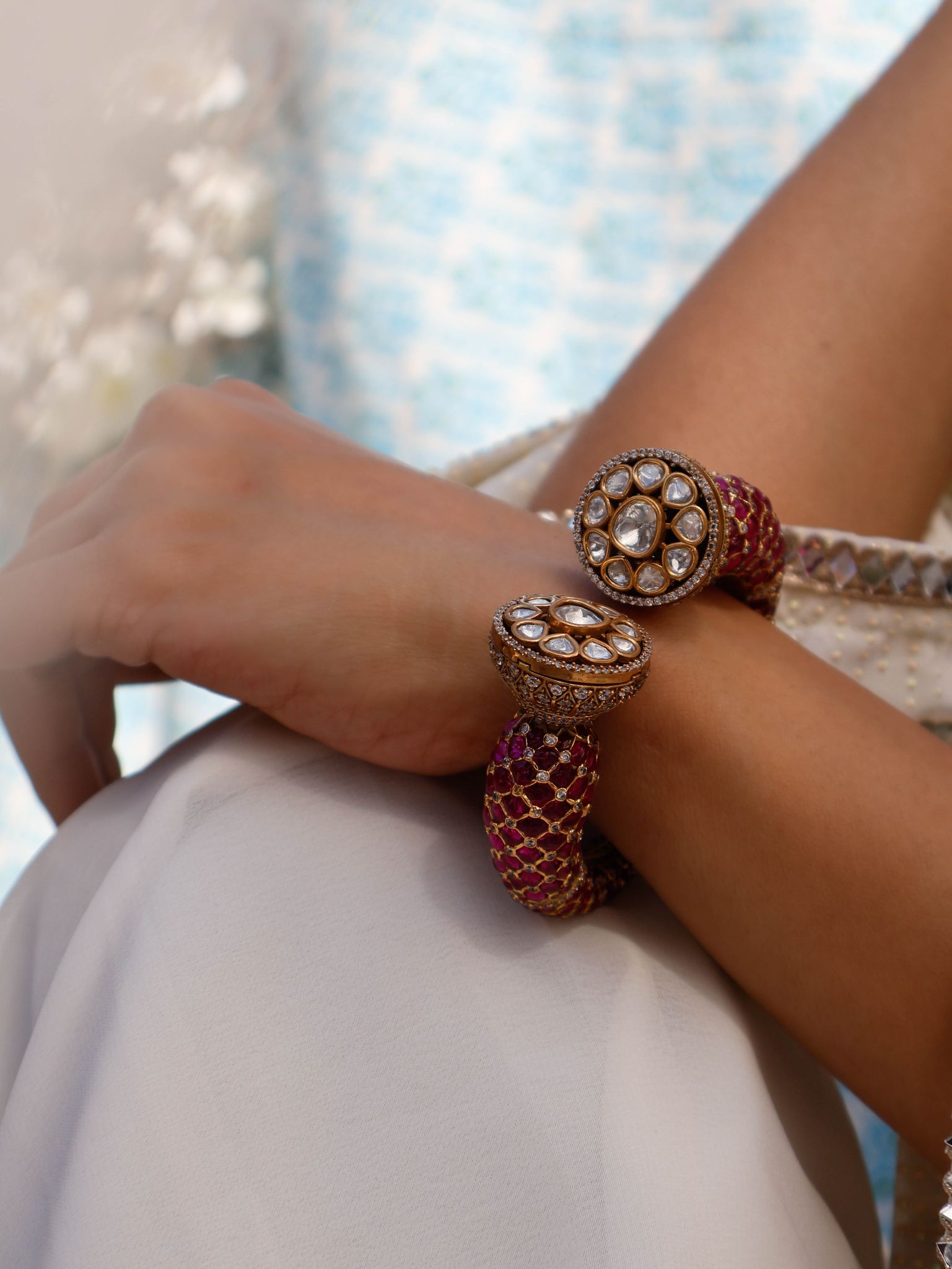 Naomi Polki Pink Bangle-Pink / Adjustable