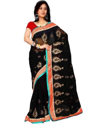 Bhuwal Fashion Net Saree With Unstitched Blouse Piece ( Black )