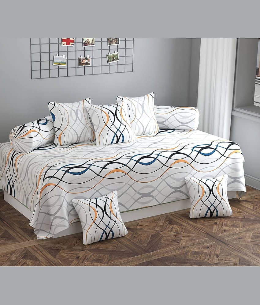 SHOMES Cotton Geometric Diwan Set 8 Pcs - White
