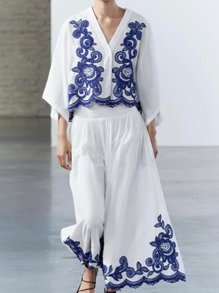 Embroidered Blouse & Skirt Coord Set-White / L