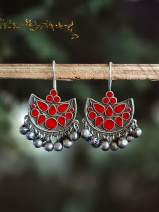 Oxidized Silver Plated Enamel Earring With Ghunghroo Work-Red
