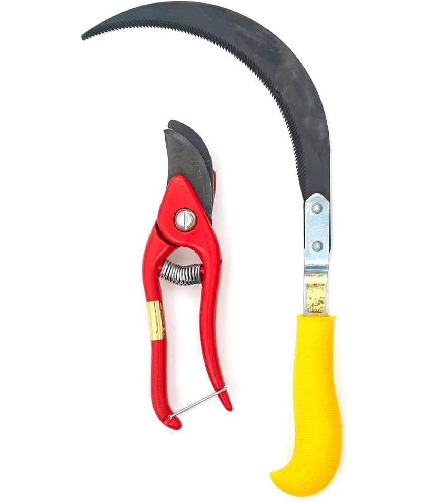 GLOBUS GARDEN TOOL SET/2 PCS ( PRUNING SHEAR 8" RED AND SICKLE 8" BEND MODEL )