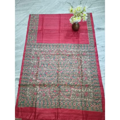 Silkmark Tussar Lucid Madhubani Handpainted Red Saree
