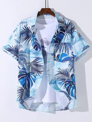 "Coastal Breeze: Blue Ocean Coconut Tree Printed Stylish Men's Shirt by GlamaStitch"-M
