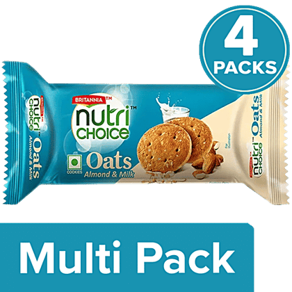 Britannia Nutri Choice Oats Cookies - Almond & Milk, Teatime Snack, 4 x 75 g Multipack