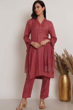 Pink Ruffle Plain Kurta Set Of 2-S