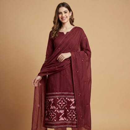 Handcrafted Maroon Thread Work Punjabi Unstitched Suit Material