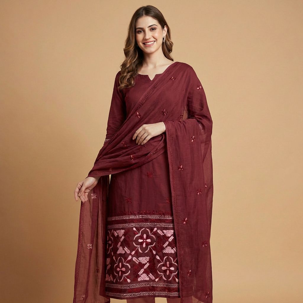 Handcrafted Maroon Thread Work Punjabi Unstitched Suit Material