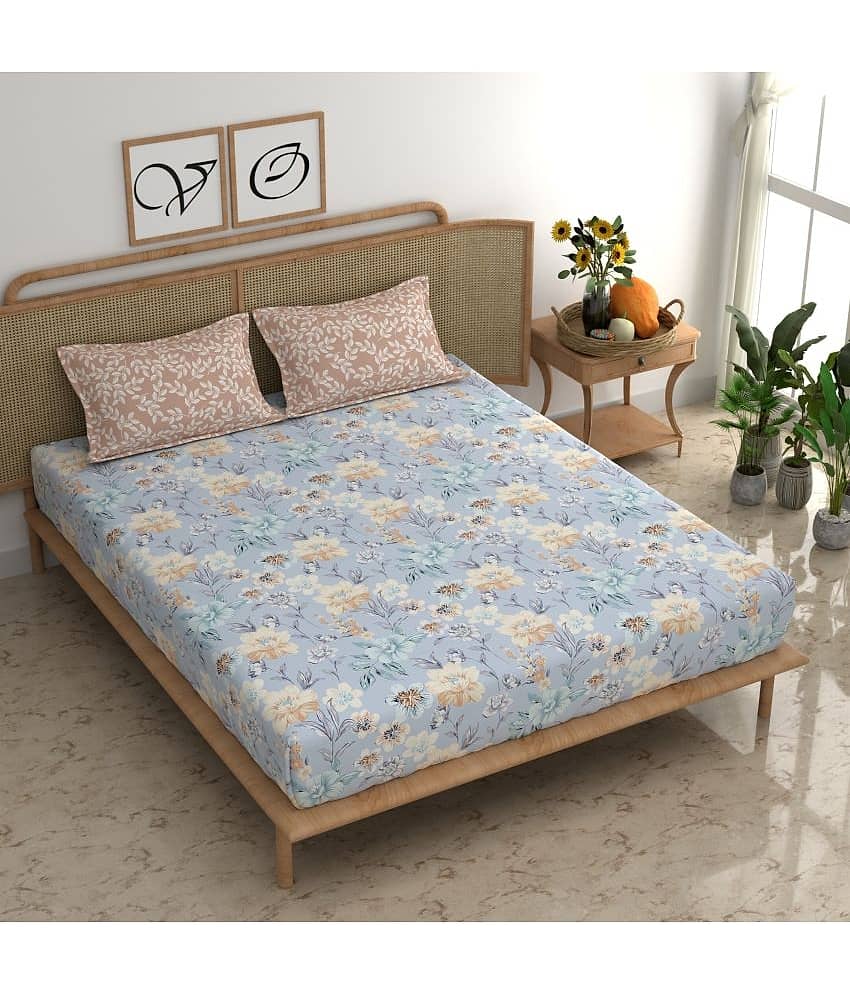 chhavi india Cotton Floral 1 Double King Size Bedsheet with 2 Pillow Covers - Blue