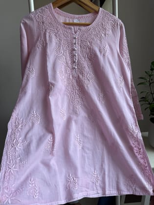 Mul Cotton Chikankari Full sleeves short Top - Pale pink-Pale pink / Cotton / XL