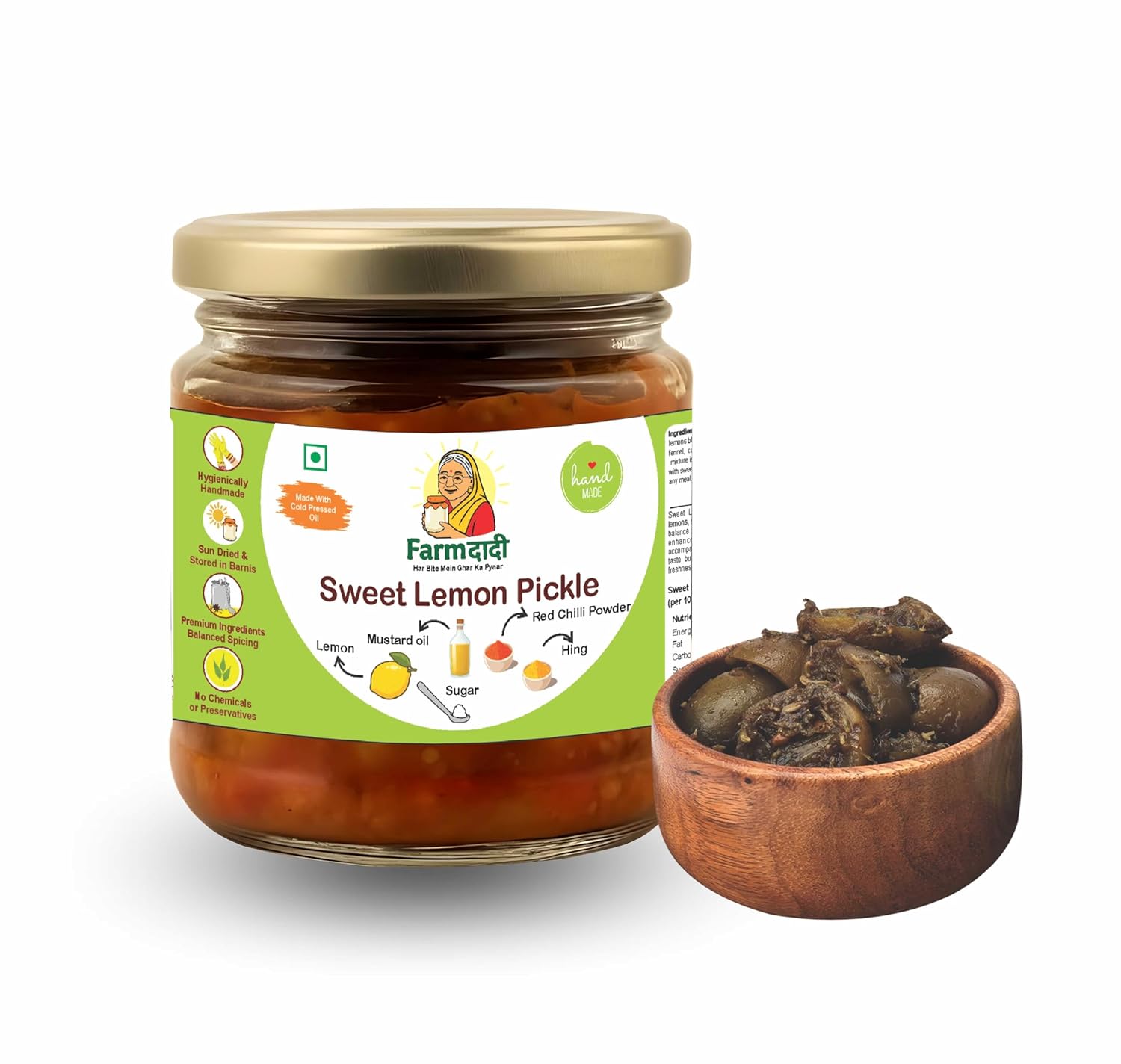FarmDadi Sweet Lemon Pickle 350g | Khatta Meetha Nimbu Ka Achar | Indian Homemade Nimbu ka Achar with No Onion & Garlic | Sweet & Sour Oil-Free Pickle | Traditional Grandma-Style Recipe | Organically Processed || Pack of 4