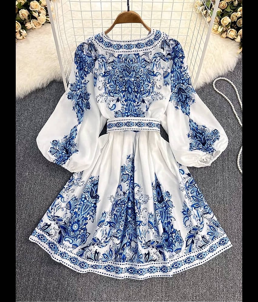 Eyebogler Crepe Printed Mini Women's Fit & Flare Dress - Blue ( Pack of 1 )