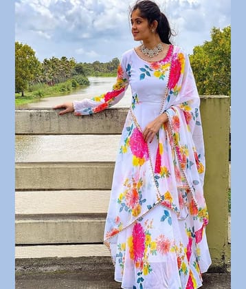 Femvy Women Cotton Blend Flared Stitched Ethnic Gown ( White )