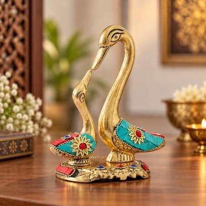 KridayKraft Kissing Swan Pair Showpiece, 14 cm Golden Aluminium Love Birds Couple Statue for Home Décor, Living