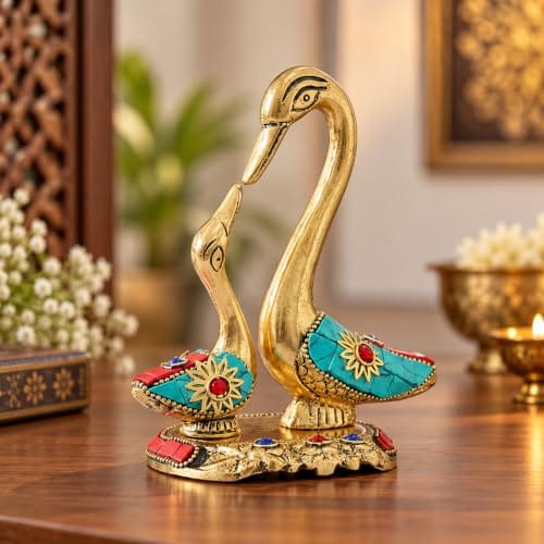 KridayKraft Kissing Swan Pair Showpiece, 14 cm Golden Aluminium Love Birds Couple Statue for Home Décor, Living