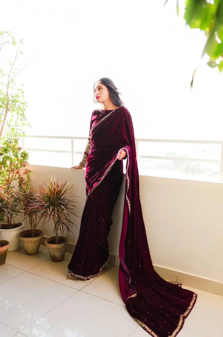 Ethenika  Party Wear Velvet Saree-Wine