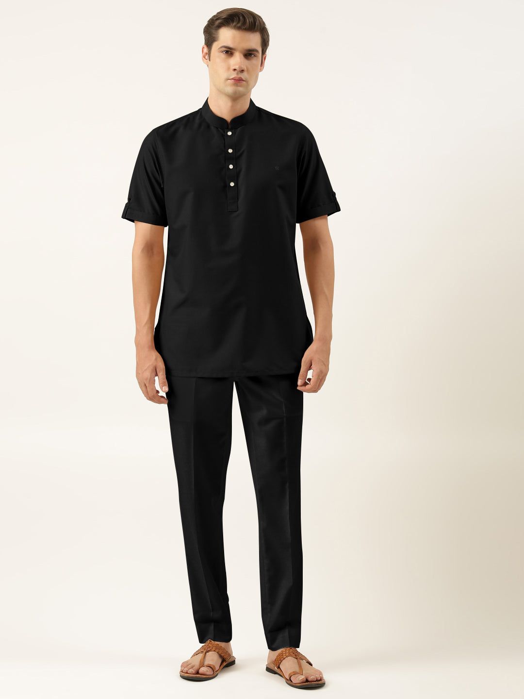 Black Cotton Short Kurta Set-M/40 / Only Kurta - No Lowers