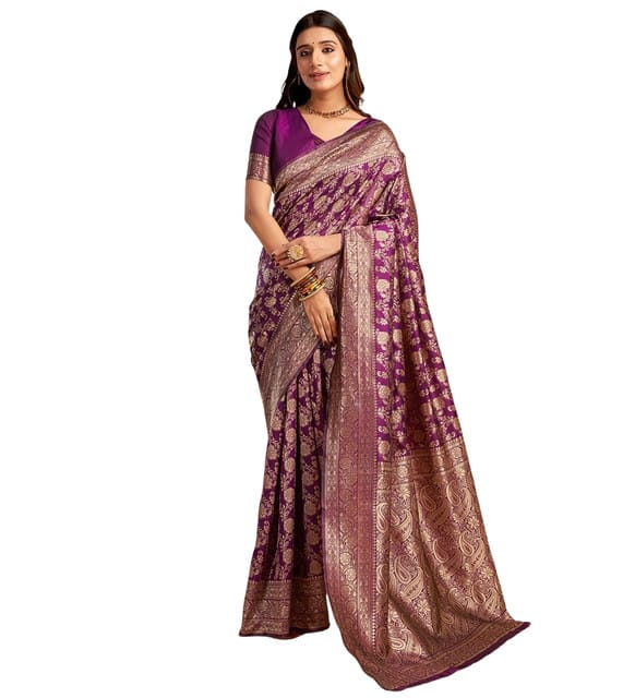 Generic Women's Jacquard Printed Saree with Unstitched Blouse Piece, Soft Lightweight 5.5 m Sari for Daily, Office and Wear (Purple, Design 67648)