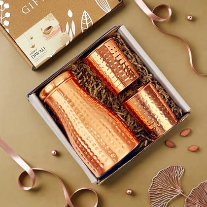 Diwali Hamper with Copper Water Pot, 2 Glasses & Greeting Card