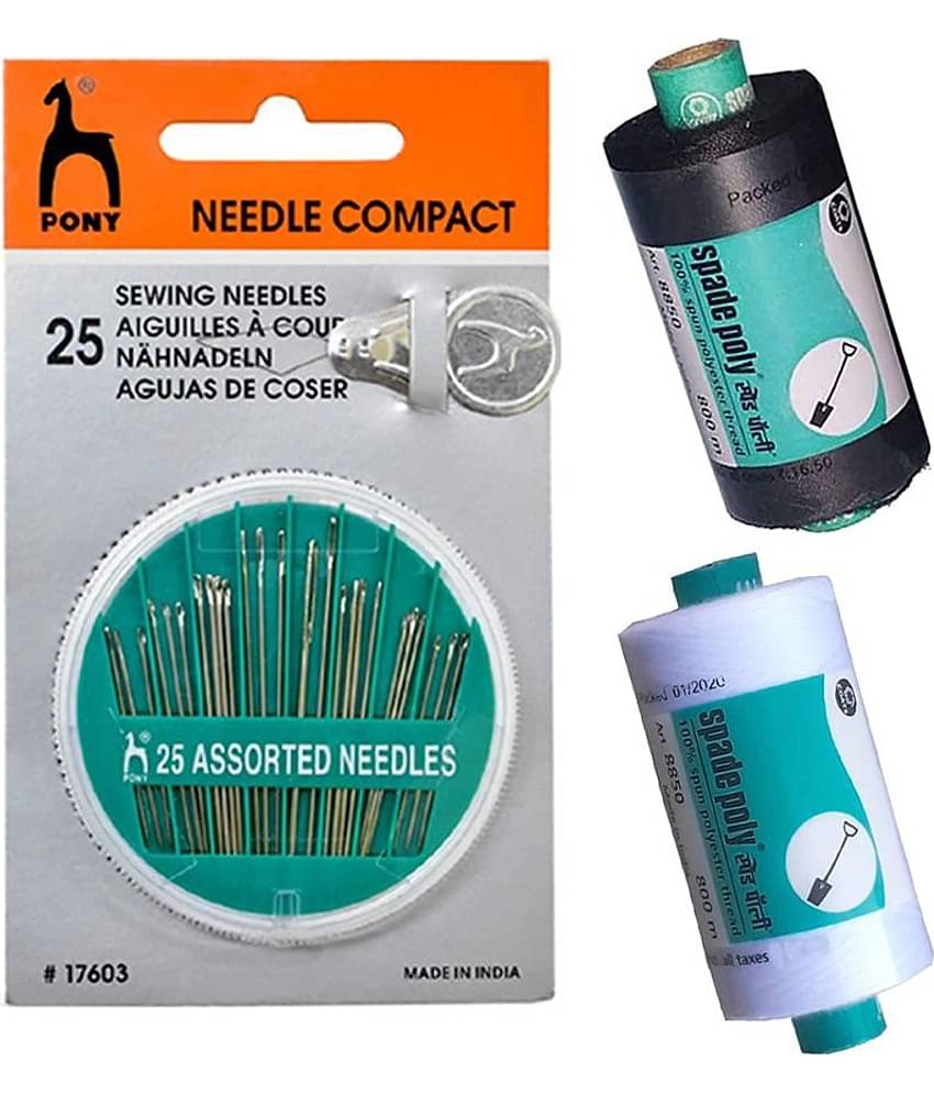 Pony Hand Sewing Needles for Hemming, Beads Zardosi Embroidery & Jewelry Making- (Standard Size, Multicolour) + Spade Poly Polyester Thread 800mts/Spool, 1-1 Black & White