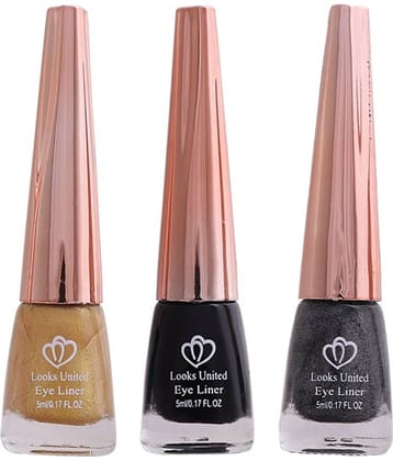 Looks United Metallic Long Lasting Intense Single Stroke Fashion Eyeliner (Metallic Canary Yellow, Coal Black, Looks United Metallic Charcoal)Pack Of 3