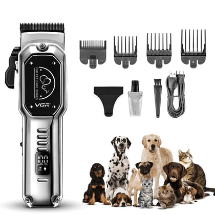 VGR V-201 Professional Pet Clipper - Turbo Function, LED Display, Ceramic & Stainless Steel Blades, 2000mAh Battery, 4 Guide Combs, USB Charging, 200-Minute Runtime with 2 Year Warranty (Silver) VGR V-201 Professional Pet Clipper - Turbo Function, LED Di