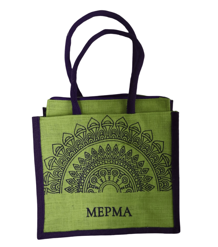 Green Jute Bag with Purple Accents and Unique Design