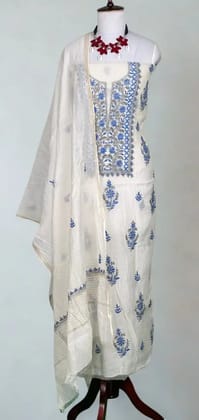 Chikankari Mul Chanderi Dress Material Ivory Royal Blue Chikankari Mul Chanderi Dress Material Ivory Royal Blue